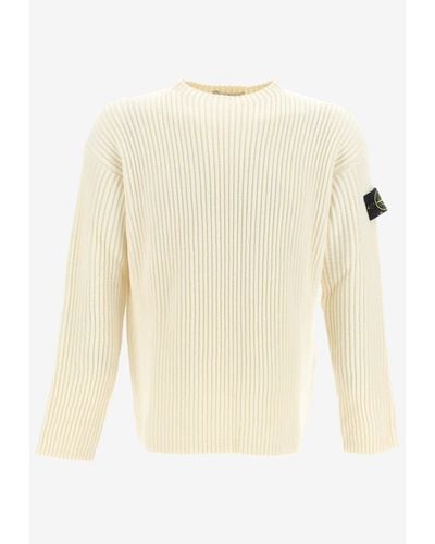 Stone Island Logo Patch Knitted Wool Sweater - White