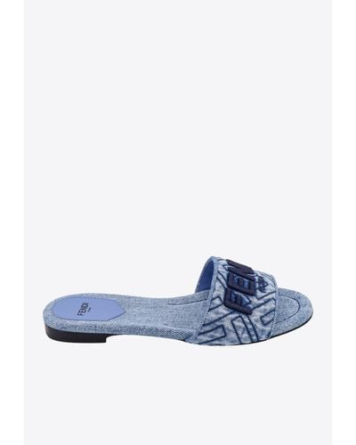Fendi Logo Embroidered Flat Denim Sandals - Blue