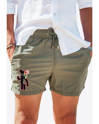 Les Canebiers Ermitage Mono Bear Embroidered Swim Shorts - Green