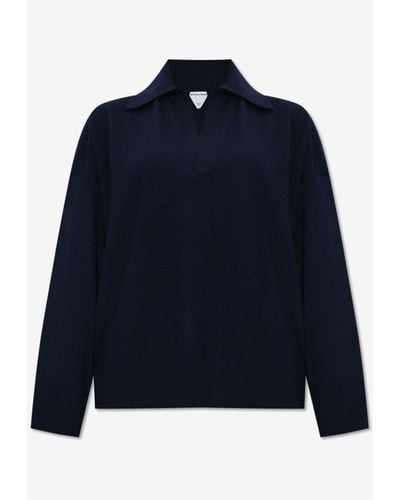 Bottega Veneta V-Neck Wool Polo Sweater - Blue