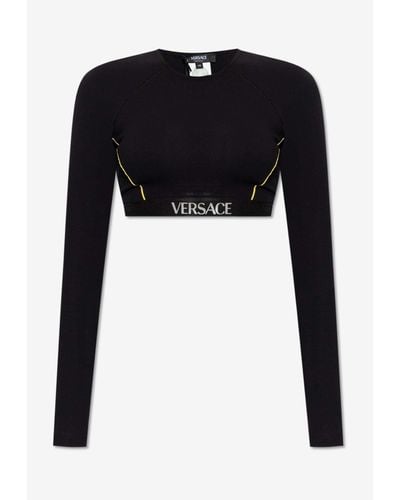 Versace Logo Waistband Long-Sleeved Crop Top - Black