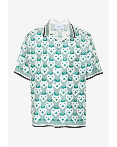 Casablancabrand Heart Monogram Silk Bowling Shirt - Blue
