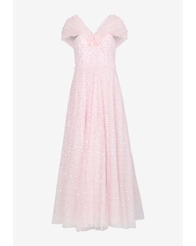 Needle & Thread Grace Gloss Off-Shoulder Sequined Gown - Pink