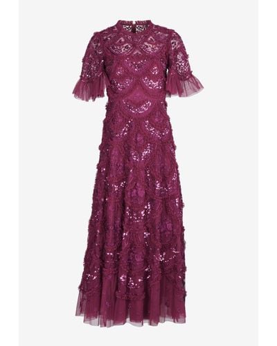 Needle & Thread Sequin-Embellished Ruffle Gown - Purple