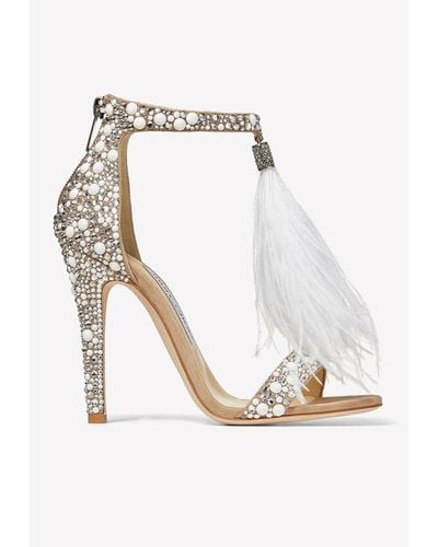 Jimmy Choo Viola 110 Suede Sandals With Feather Tassel - White