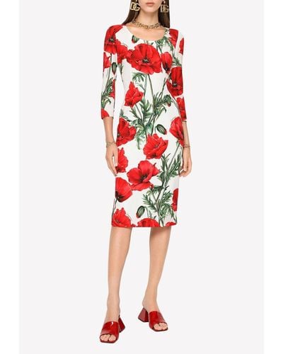 Dolce & Gabbana Poppy-print Charmeuse Midi Dress - Red