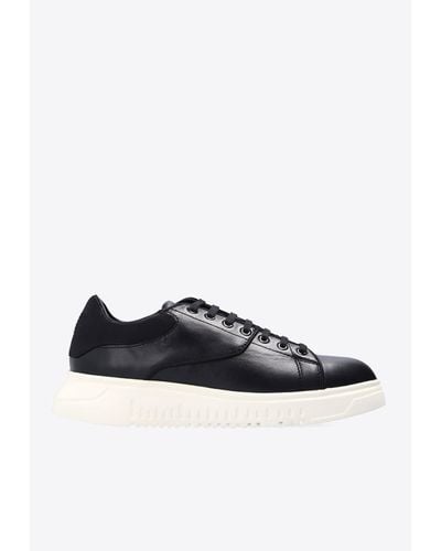 Emporio Armani Stitched Panel Low-Top Leather Sneakers - Black