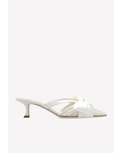 Jimmy Choo Flaca 50 Crystal Mesh Mules With Satin Bows - White