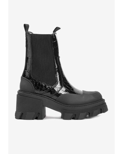 Ganni 80 Croc-Embossed Ankle Chelsea Boots - Black