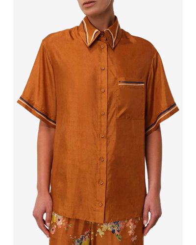 Zimmermann Alight Short-Sleeved Silk Shirt - Brown