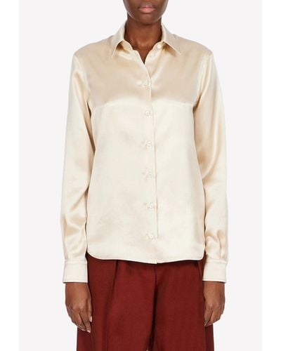 Ferragamo Long-Sleeved Silk Satin Shirt - White