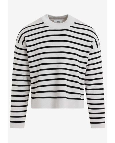 Ami Paris Striped Knitted Sweater - White