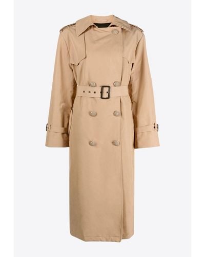 MSGM Double-Breasted Logo-Embroidered Trench Coat - Natural