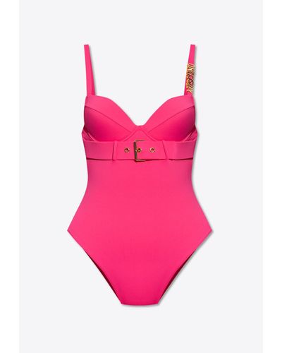 Moschino Logo Plaque One-Piece Belted Swimsuit - Pink