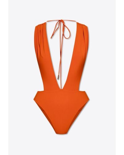 Saint Laurent Backless V-Neck One-Piece Swimsuit - Orange