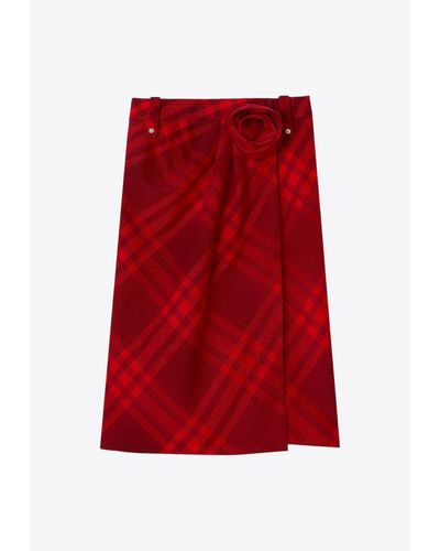 Burberry Floral Appliqué Checked Midi Skirt - Red