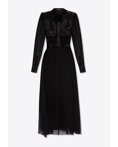 Dolce & Gabbana Floral Appliqué Semi-Sheer Midi Dress - Black