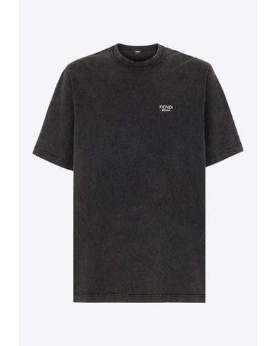 Fendi Logo-Plaque Washed-Out T-Shirt - Black