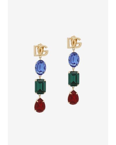 Dolce & Gabbana Long Earrings With Dg Logo And Multi-Colored Rhinestones - White
