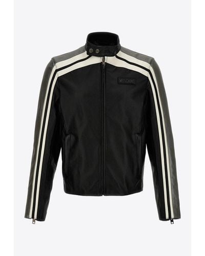 Moschino Leather Jacket With Contrasting Bands - Black