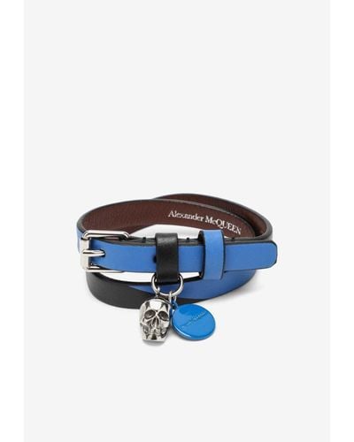 Alexander McQueen Double-Wrap Skull Leather Bracelet - Blue