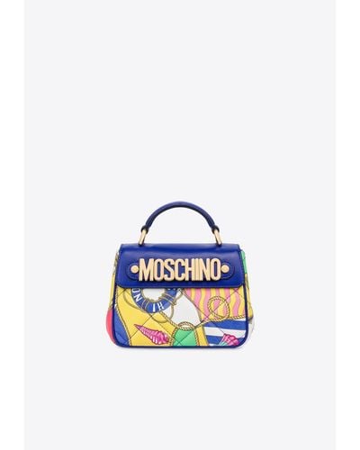 Moschino Small Nautical Print Top Handle Bag In Quilted Nappa Leather - Blue