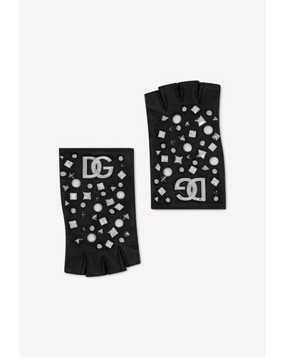 Dolce & Gabbana Dg Logo Embellished Leather Gloves - Black