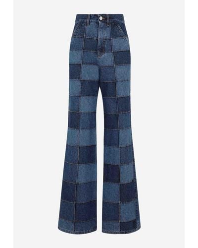 Chloé Patchwork Chequered Flared Jeans - Blue