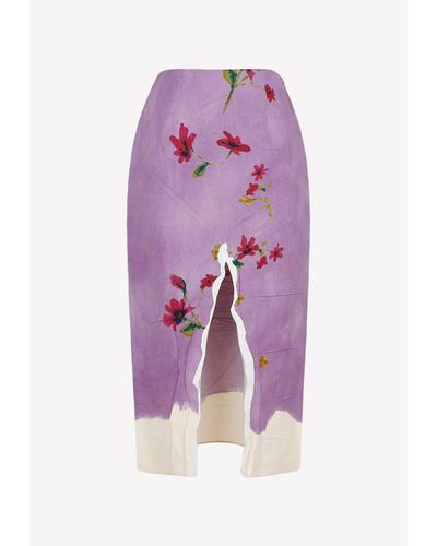 Prada Floral Print Midi Skirt With Slit - Purple