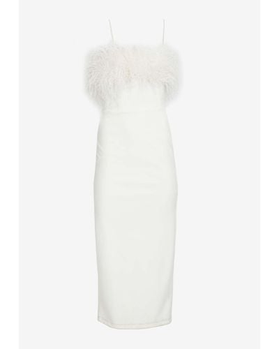 ZEENA ZAKI Off-shoulder Scuba Crepe Feathered Midi Dress - White