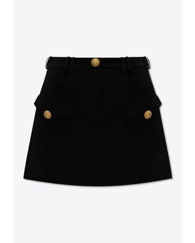 Balmain A-Line Mini Wool Skirt - Black