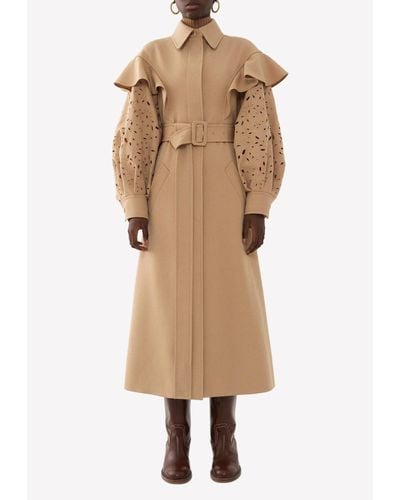 Chloé Belted Wool Trench Coat With Ruffle Detail - Natural