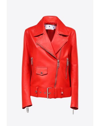 Off-White c/o Virgil Abloh Oversized Biker Leather Jacket - Red