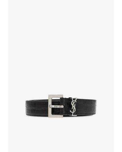 Saint Laurent Logo Plaque Croc-Embossed Leather Belt - White