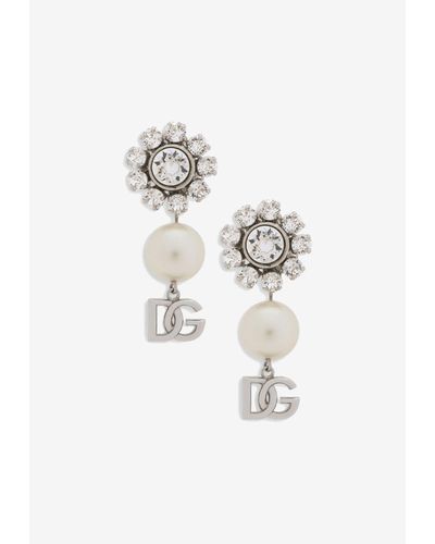 Dolce & Gabbana Dg Logo Crystal Pearl Earrings - Metallic