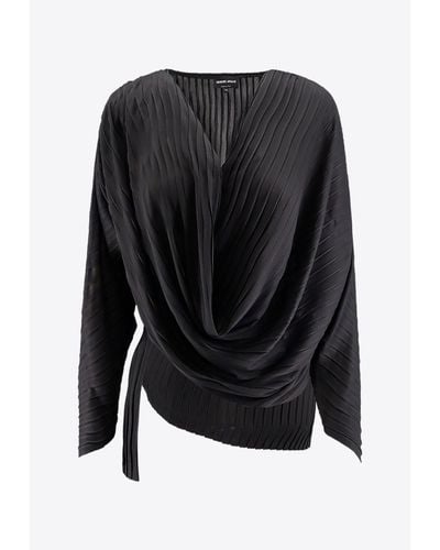Giorgio Armani Asymmetrical V-Neck Pleated Blouse - Black
