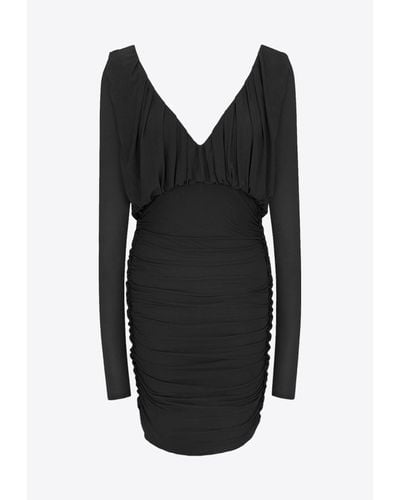 Saint Laurent Ruched V-Neck Mini Dress - Black