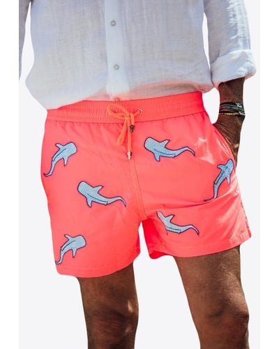 Les Canebiers All-Over Shark Embroidery Swim Shorts - Red