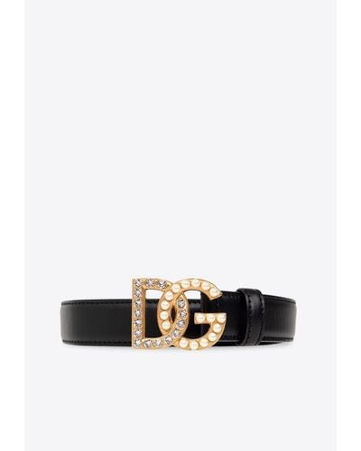 Dolce & Gabbana Embellished Dg Logo Leather Belt - White