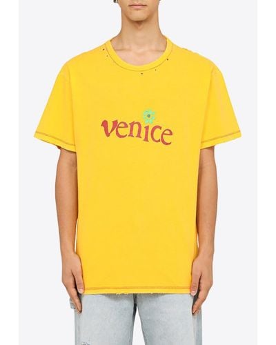 ERL Distressed Venice Crewneck T-Shirt - Yellow