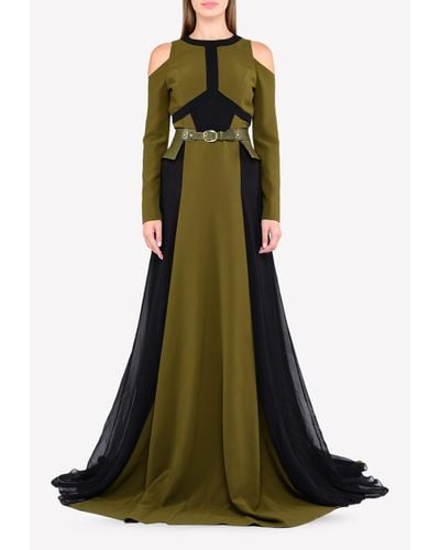 Bibhu Mohapatra Cold-Shoulder Overflow Gown With Peplum Belt - Green
