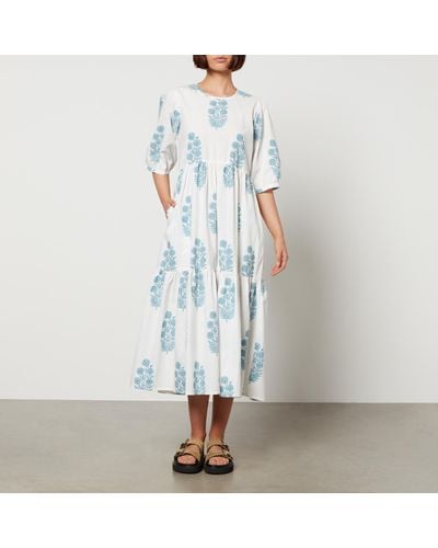 SZ Blockprints Gaia Floral-print Cotton-poplin Dress - Blue