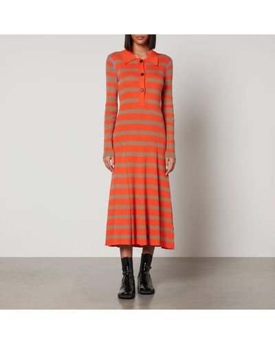 PS by Paul Smith Stripped Cotton-knit Midi Dress - Red