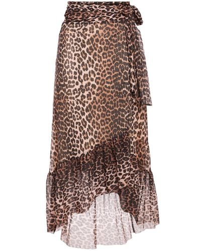 Ganni Tulle Leopard-print Stretch-mesh Midi Wrap Skirt Animal Print in ...