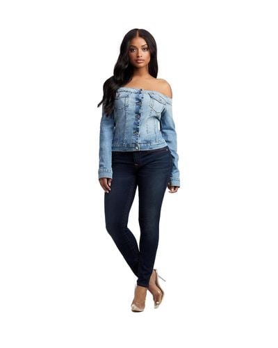 off the shoulder blue jean jacket