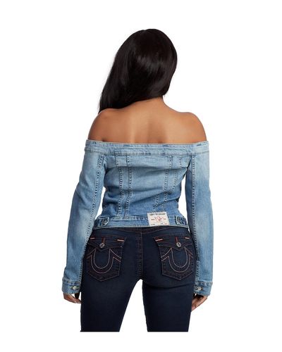 off shoulder blue jean jacket