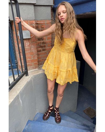 uo hanna embroidered scalloped babydoll mini dress