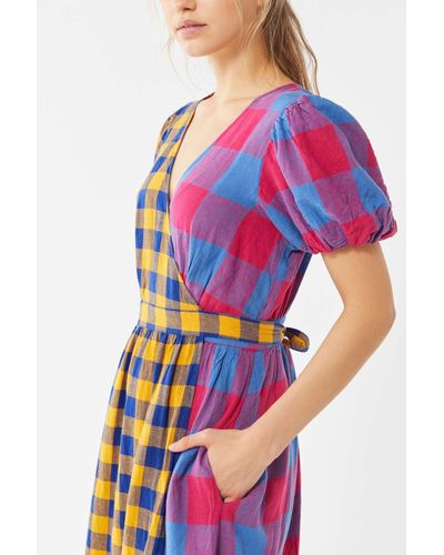 Urban Outfitters Uo Anna Linen Mixed Plaid Midi Wrap Dress | Lyst