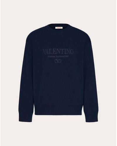 Valentino ヴァレンティノ エンブロイダリー ウール クルーネック セーター おとこ ネイビー - ブルー