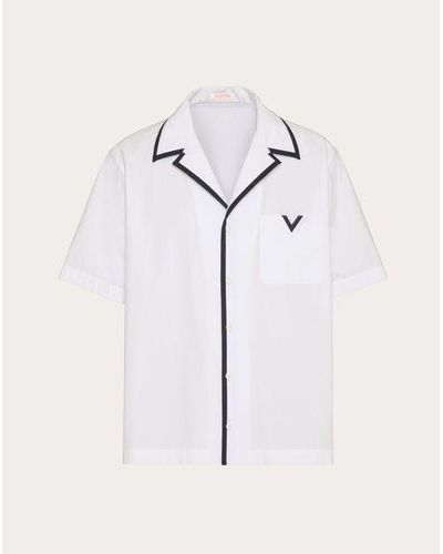Valentino Vディテール ラバー加工 コットン ポプリン ボウリングシャツ おとこ ホワイト - ブルー